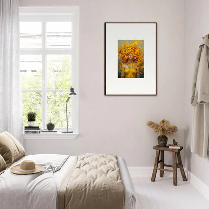 Bright, airy bedroom with minimalist decor and framed wall art, Mindscape Symphony design