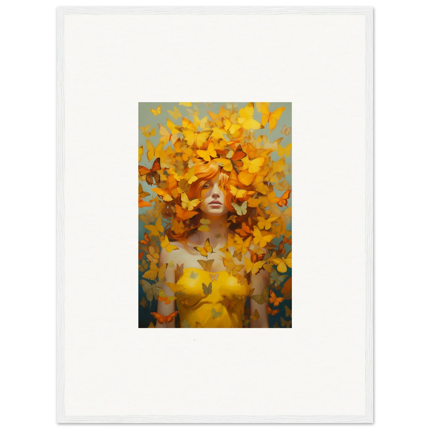 Surrealist painting of a figure amidst golden butterflies for mindscape symphony room decor