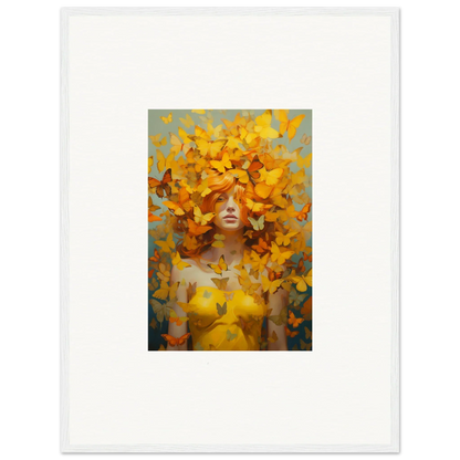 Surrealist painting of a figure amidst golden butterflies for mindscape symphony room decor