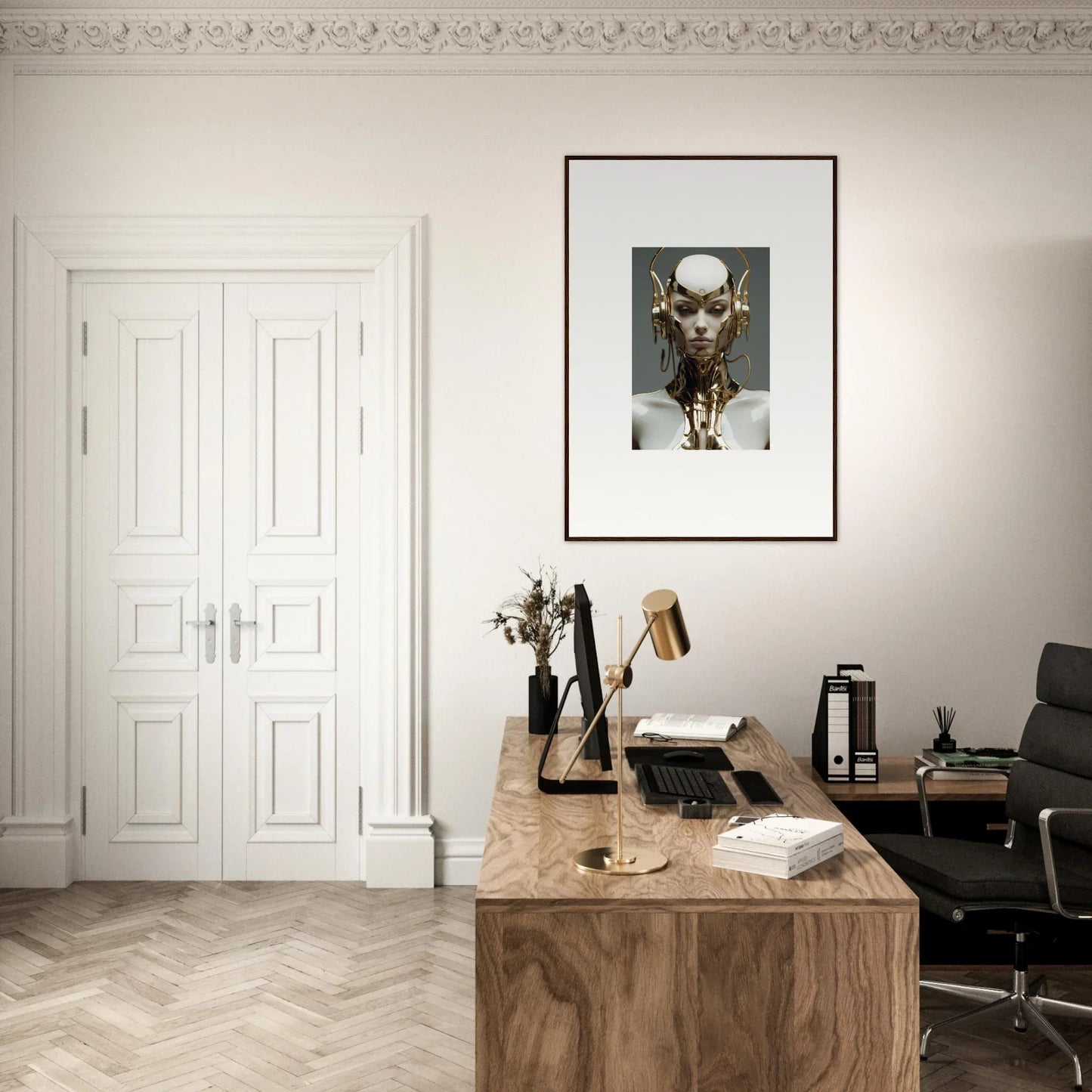 Home office workspace with wooden desk, framed artwork, and a cool cog machine canvas print