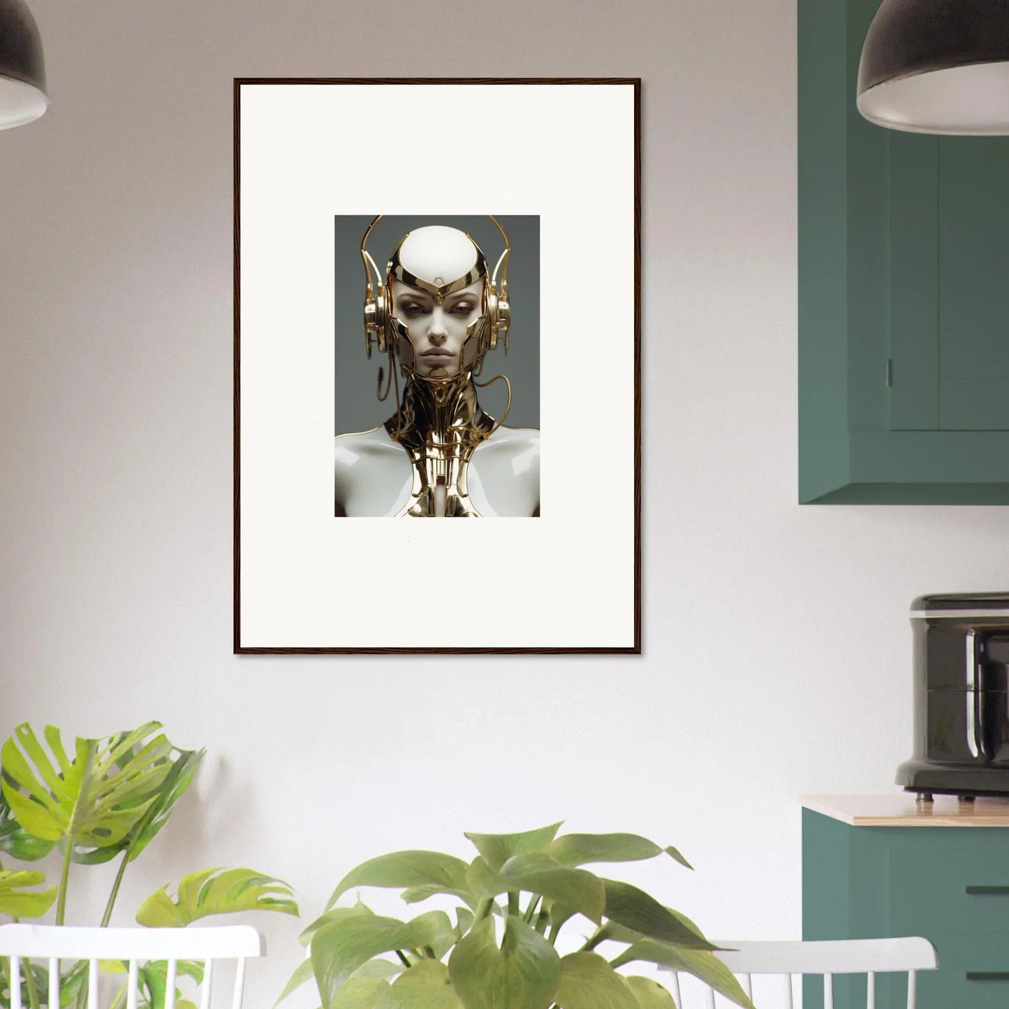 Framed artwork of a metallic humanoid bust, perfect for your cog machine room decoration