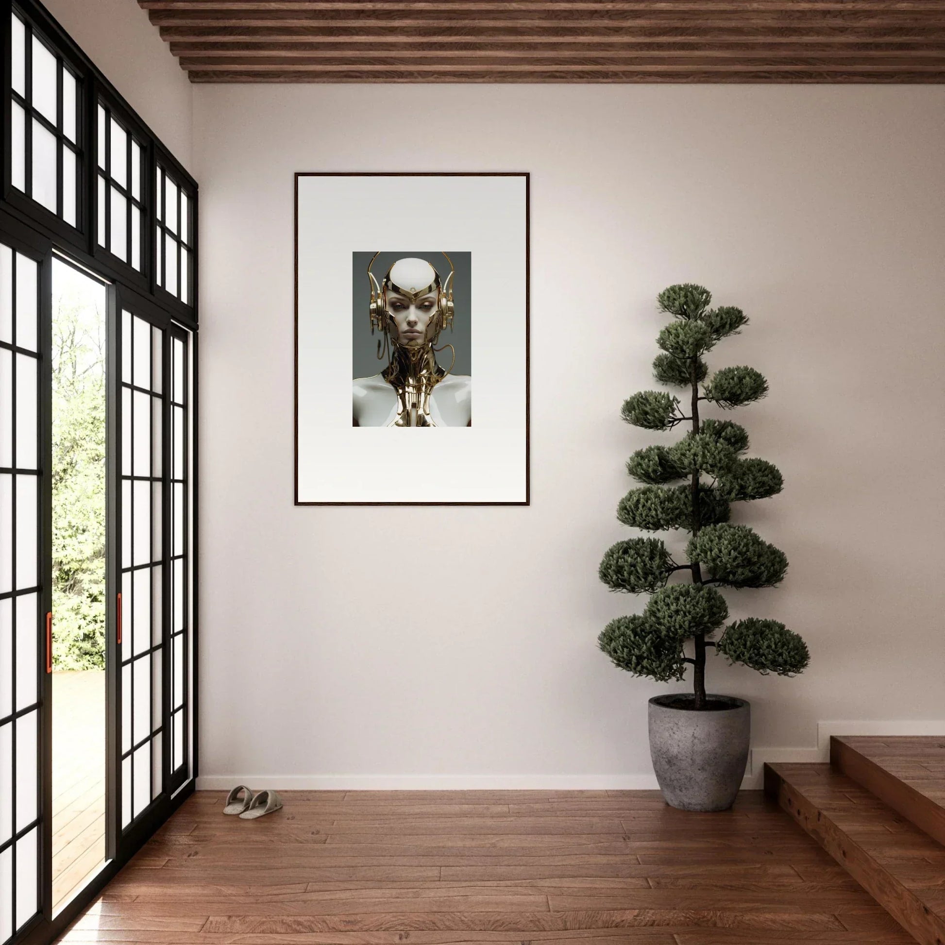 Framed photograph of a golden bull’s head for stylish room decoration with a cog machine vibe