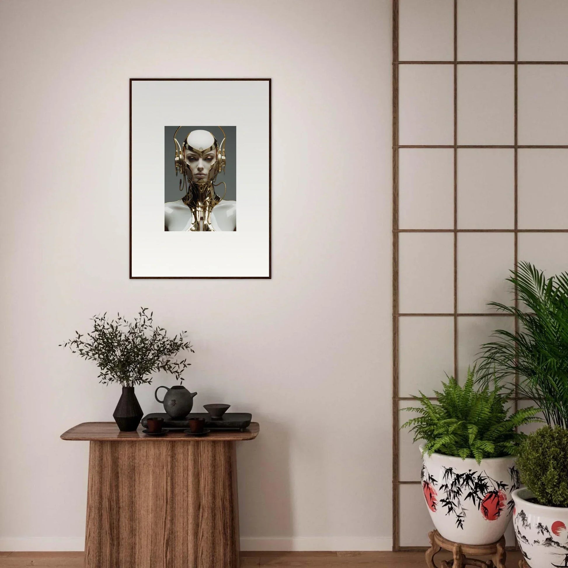 Framed canvas print of a hairless cat balancing an egg, perfect room decoration with cog machine vibes