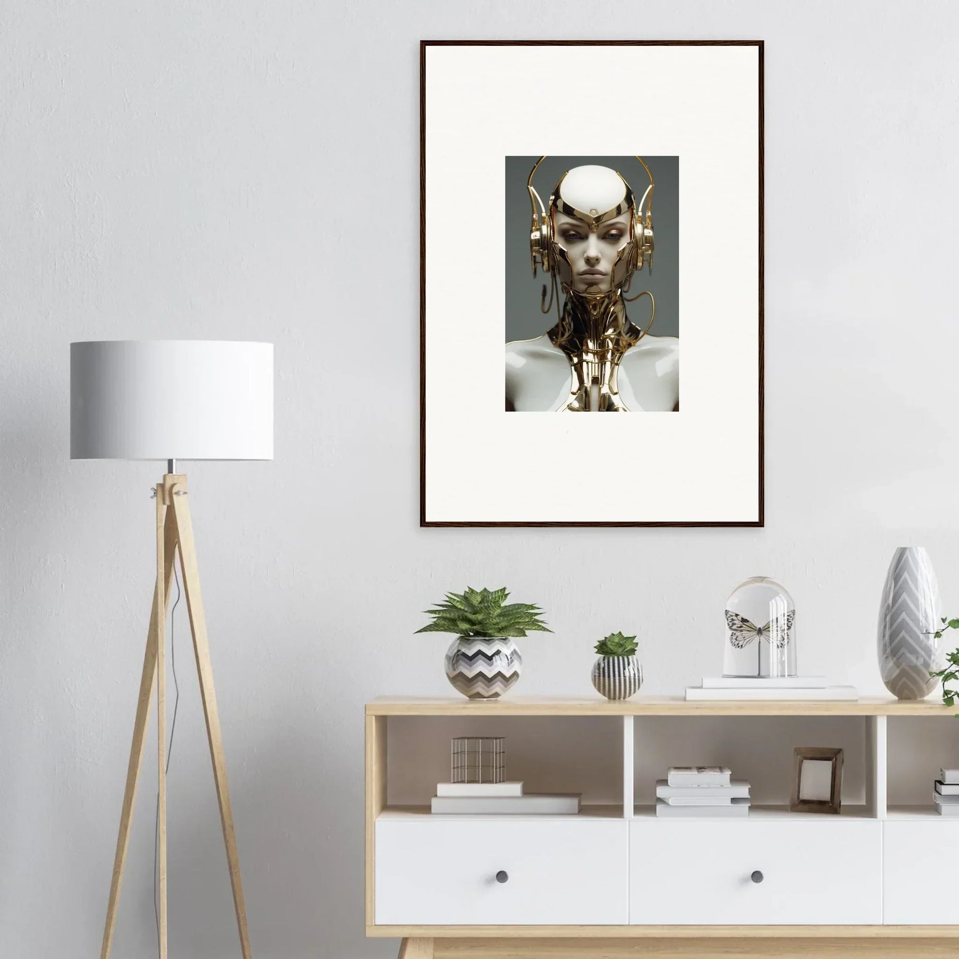 Surreal metallic humanoid figure art for unique room decoration and cog machine vibes