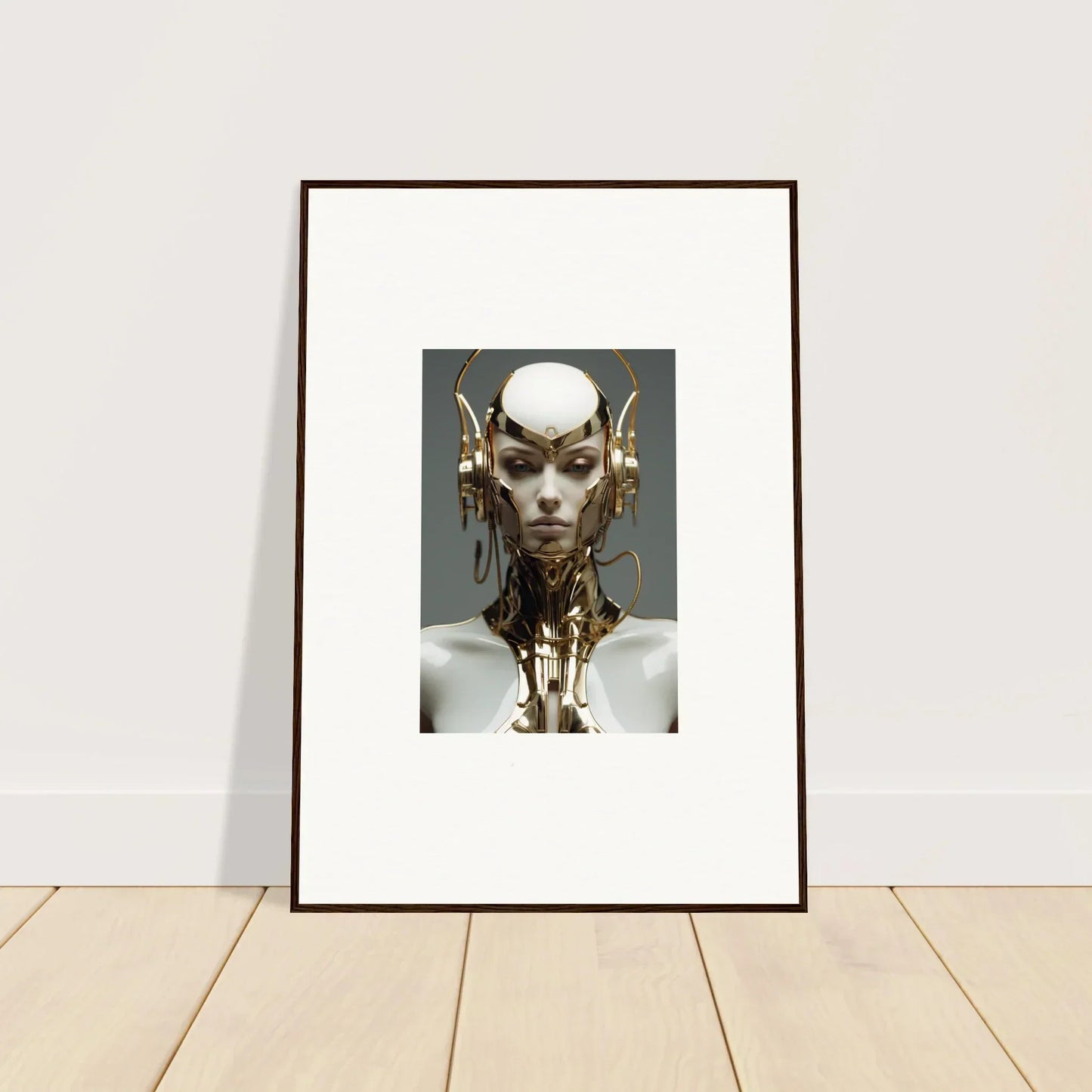 Futuristic humanoid canvas print with metallic embellishments for cool room decoration