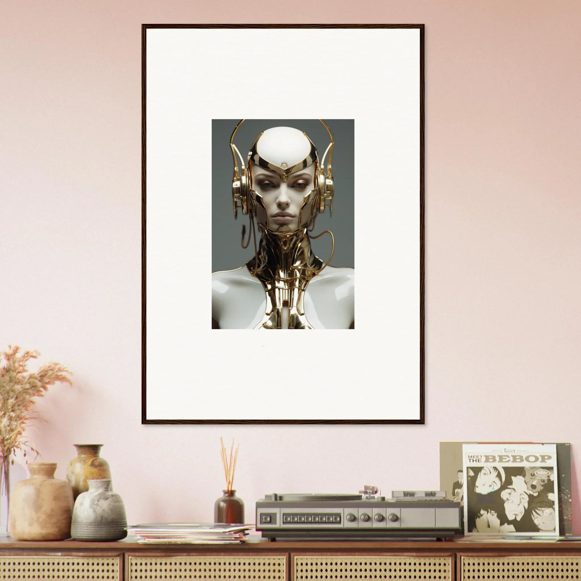 Framed canvas print of a futuristic humanoid cog machine for cool room decoration