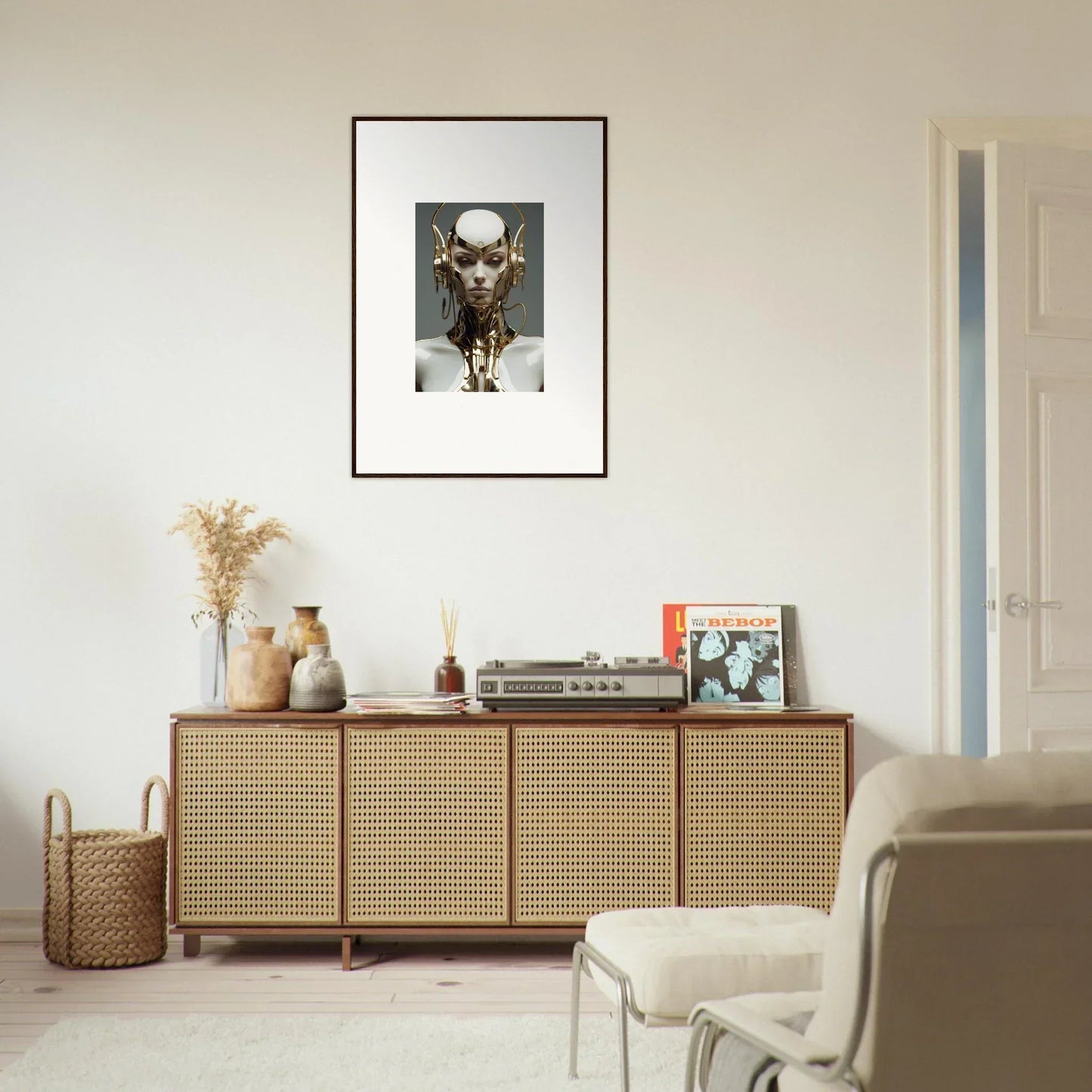 Wooden sideboard with cane-webbed doors, perfect for displaying decorative items and a cog machine