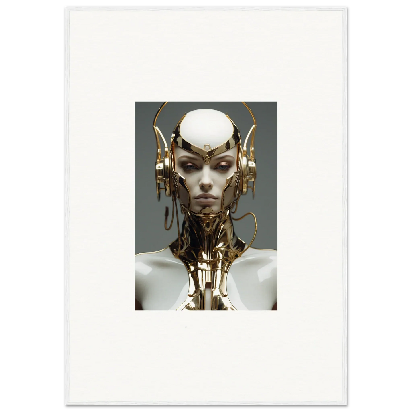 Futuristic humanoid robot with gold accents for room decoration in Celestial Cog Machine canvas print