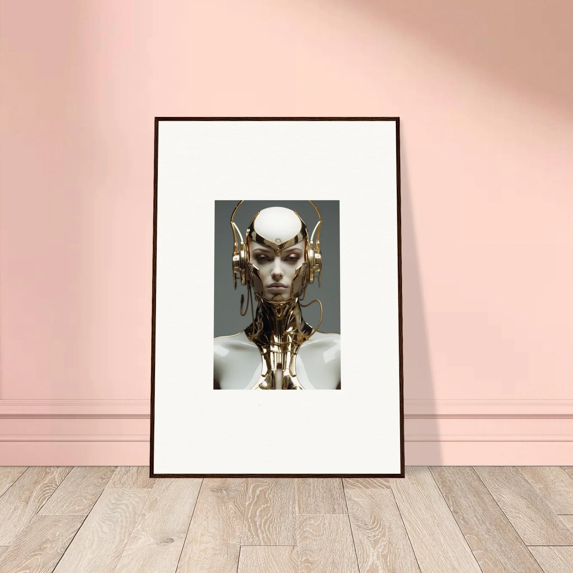 Framed canvas print of a futuristic humanoid with gold elements for cool room decoration