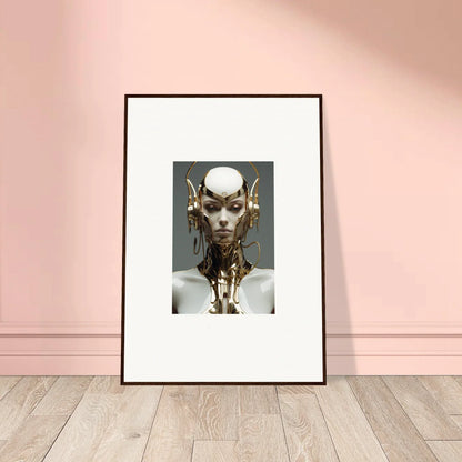 Framed canvas print of a futuristic humanoid with gold elements for cool room decoration