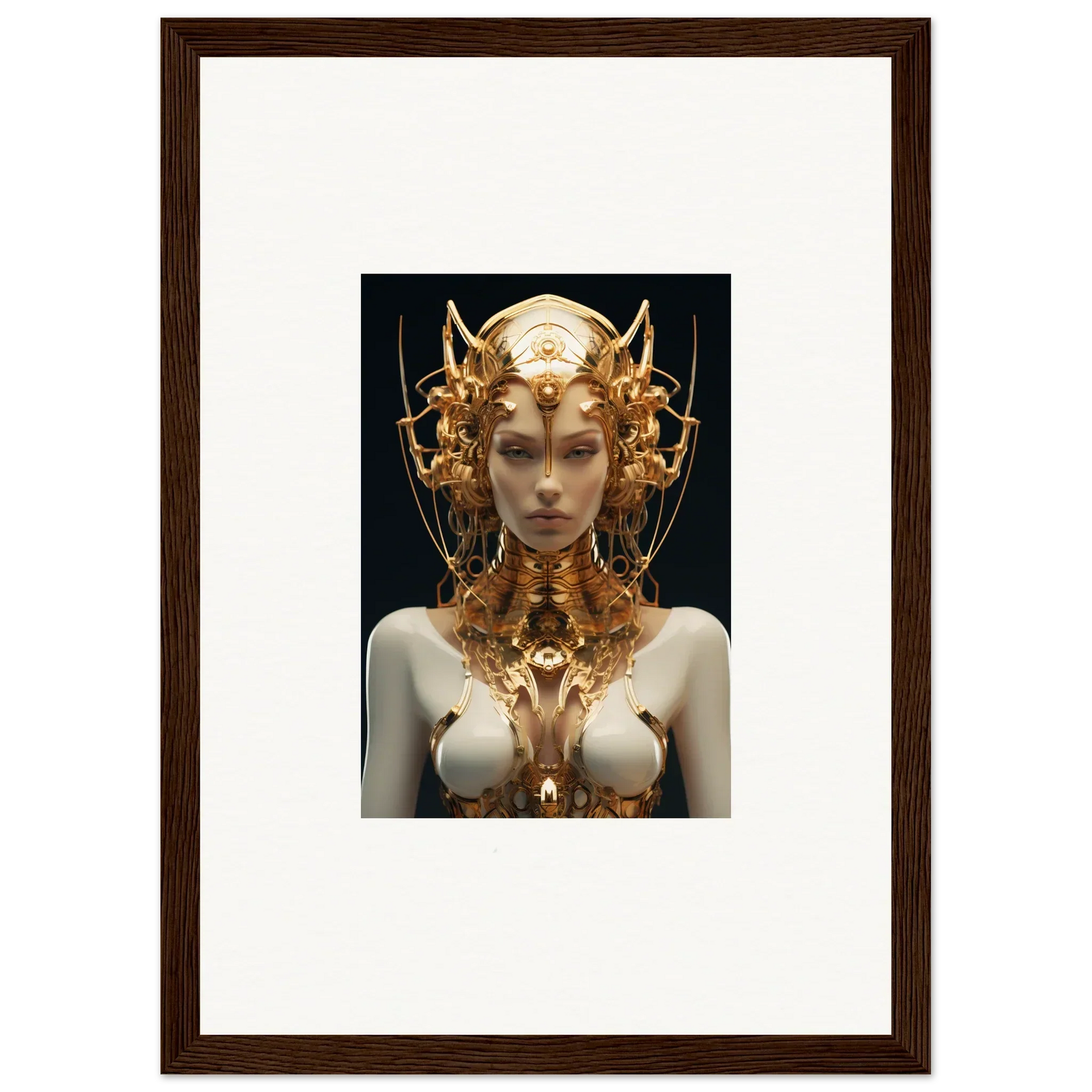 Elegant mechanical goddess in golden headdress, perfect for room decoration canvas print