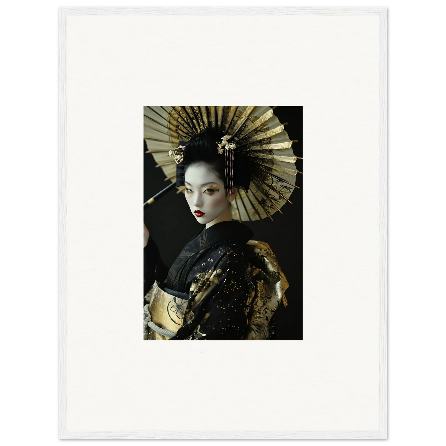 Portrait of a woman in geisha attire with a fan for a stunning Velvet Chorale canvas print