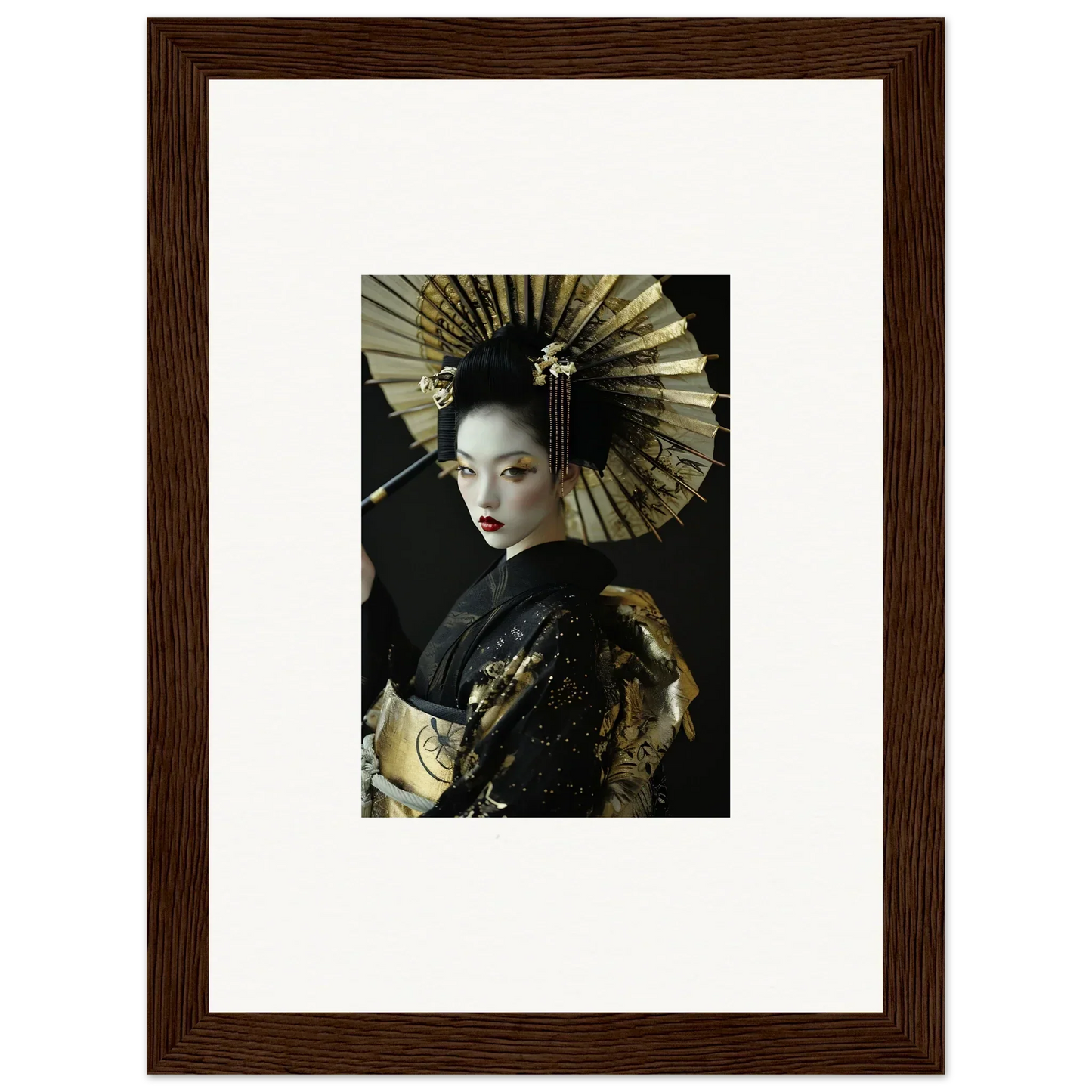 Framed portrait of a woman in geisha attire for velvet chorale room decoration