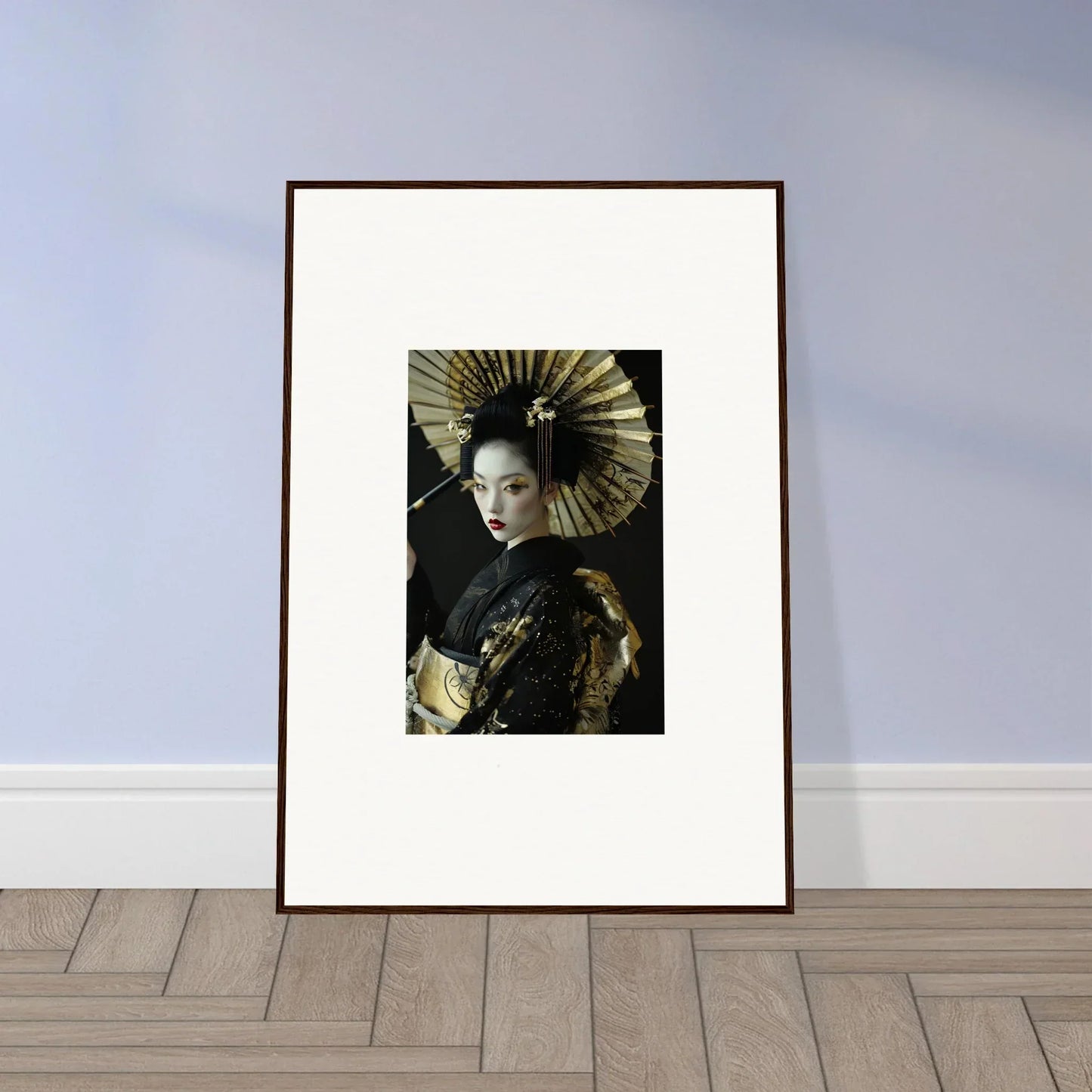 Framed canvas print of a geisha with an umbrella for plush velvet chorale room decoration