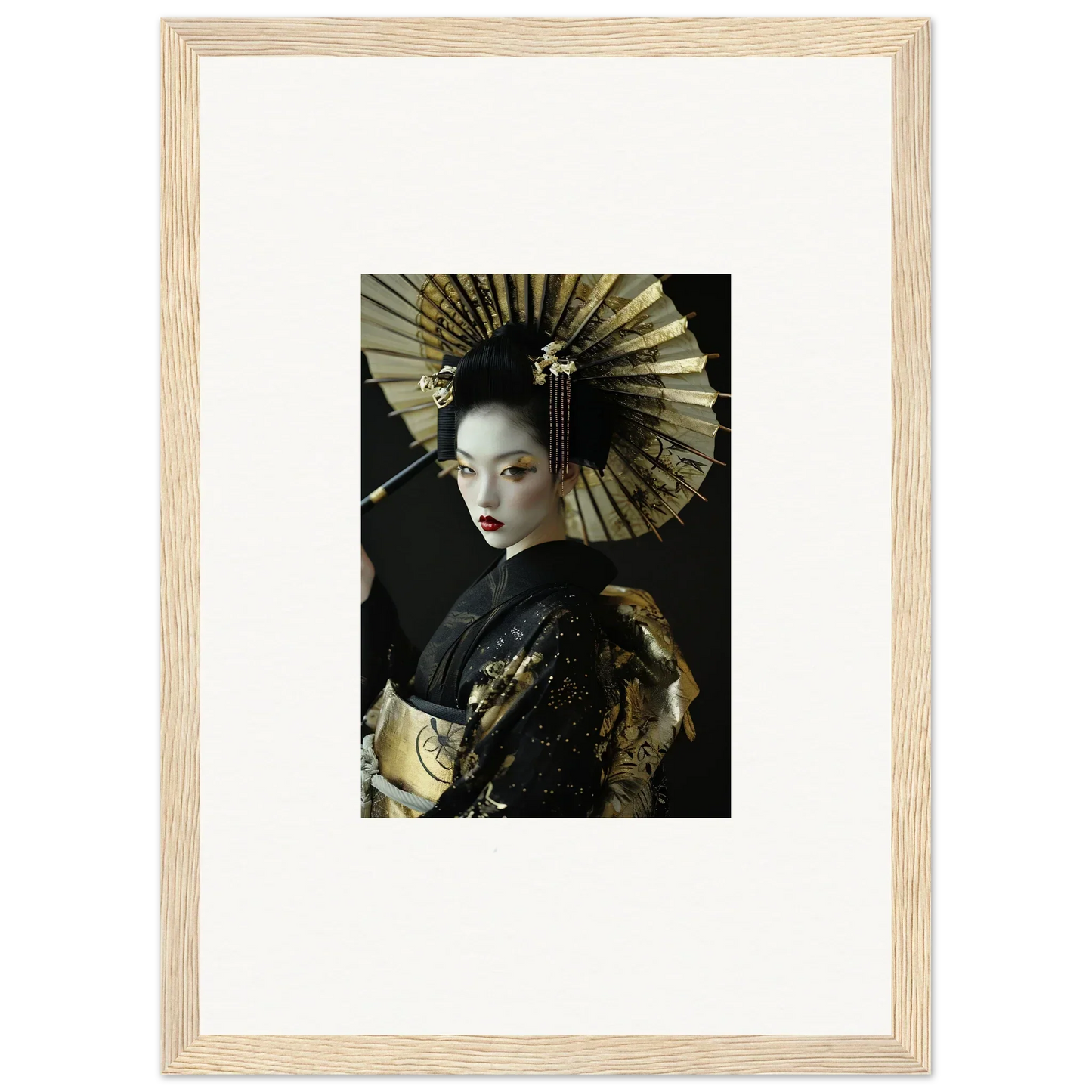 Framed canvas print of a woman in Japanese geisha attire for stylish room decoration