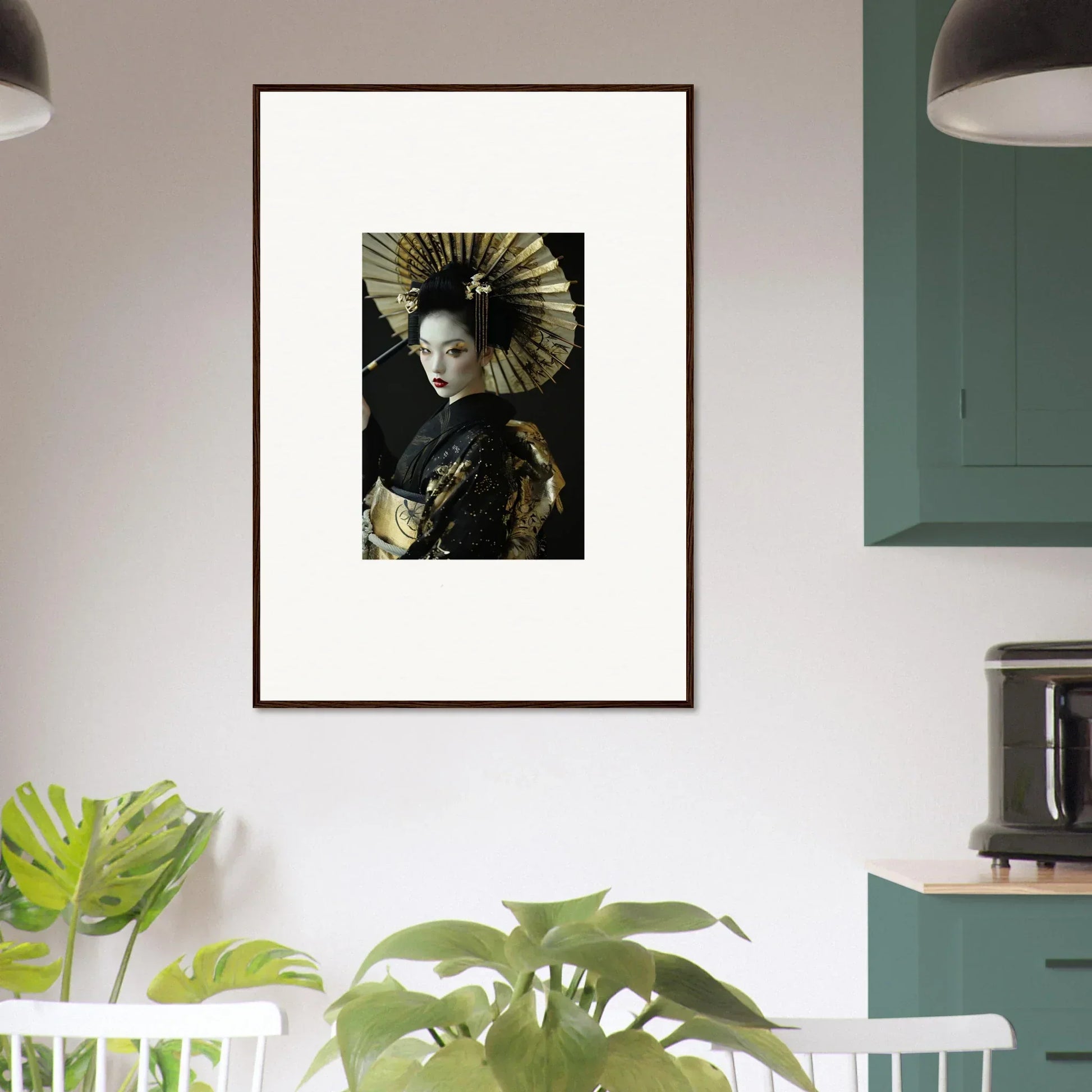 Framed velvet chorale canvas print of a person in traditional Asian attire with a fan