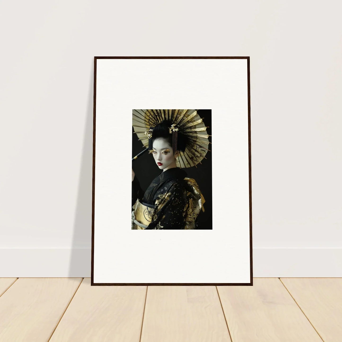 Framed canvas print of a person in geisha attire for stylish room decoration