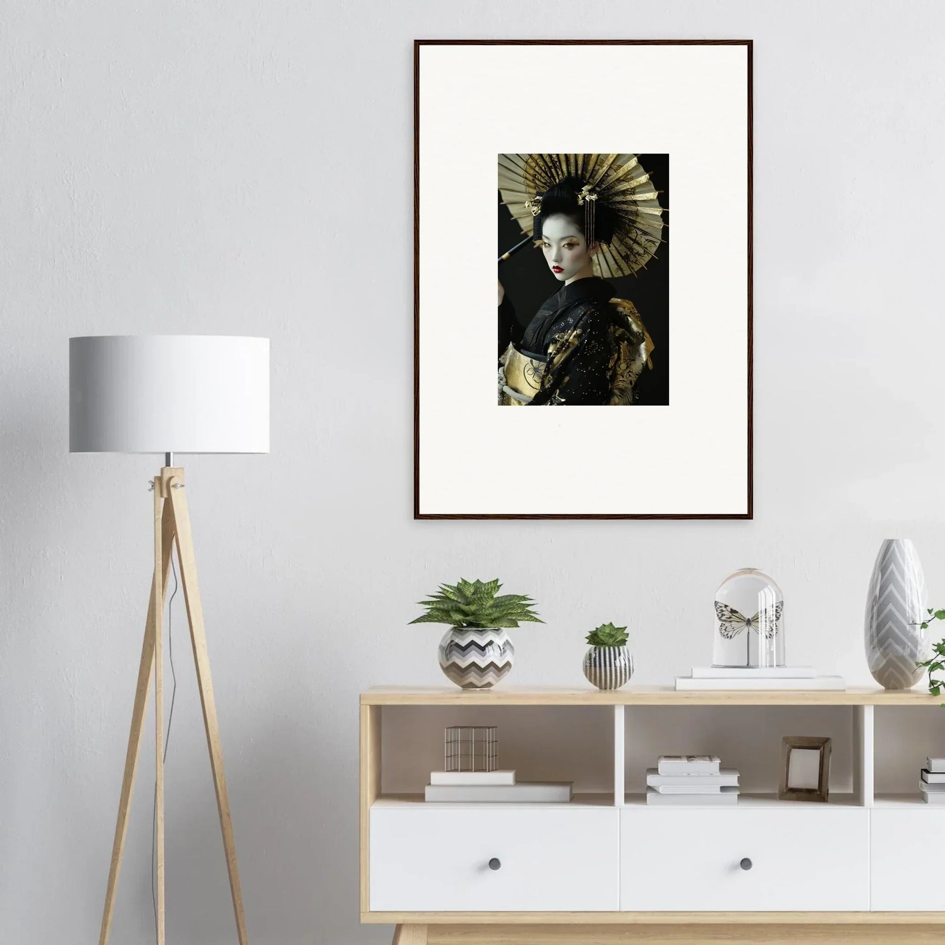 Framed portrait of a woman in traditional Japanese attire for your velvet chorale room decoration