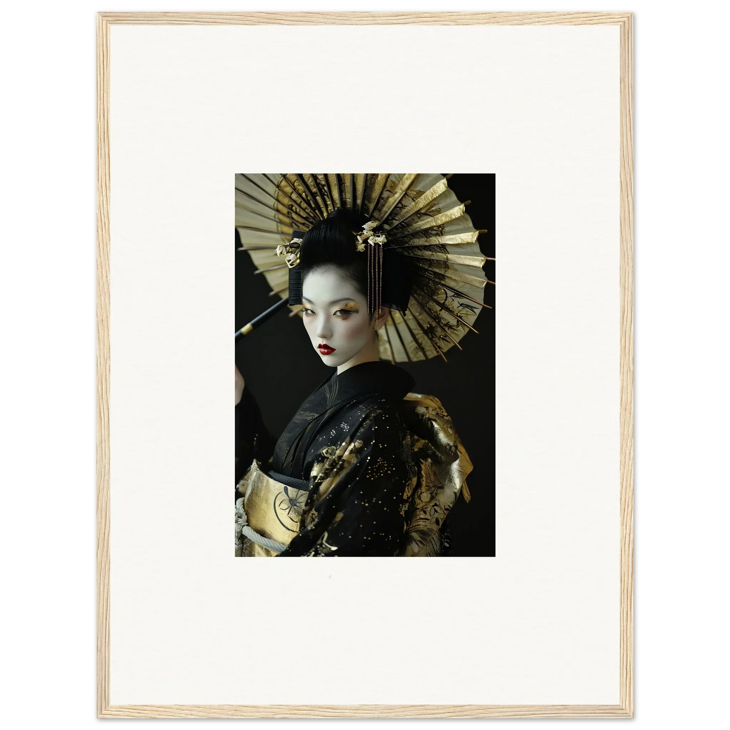 Portrait of a woman in geisha attire with a fan, perfect for your Velvet Chorale canvas print