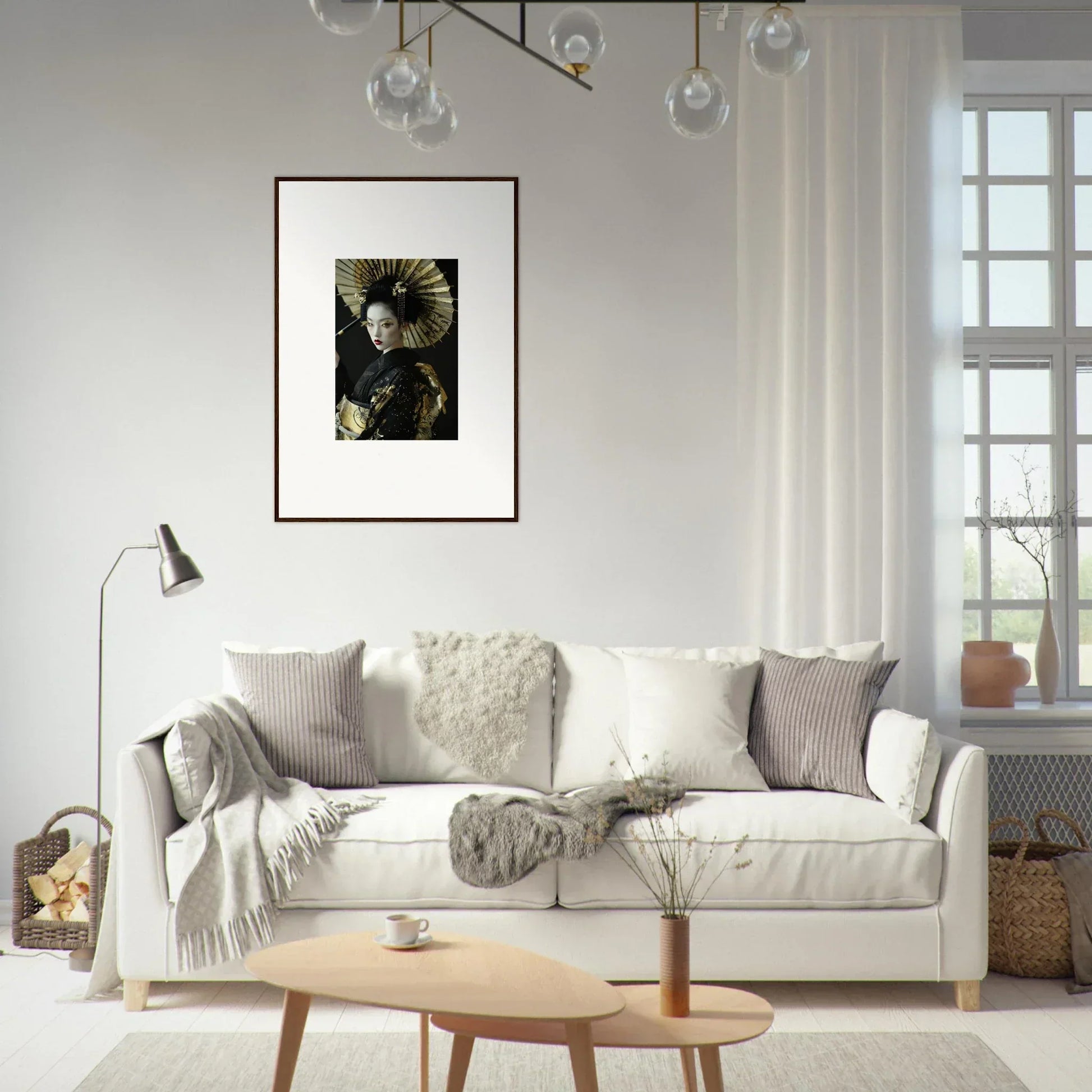 Stylish White Sofa with Velvet Chorale Pillows, Perfect for Room Decoration