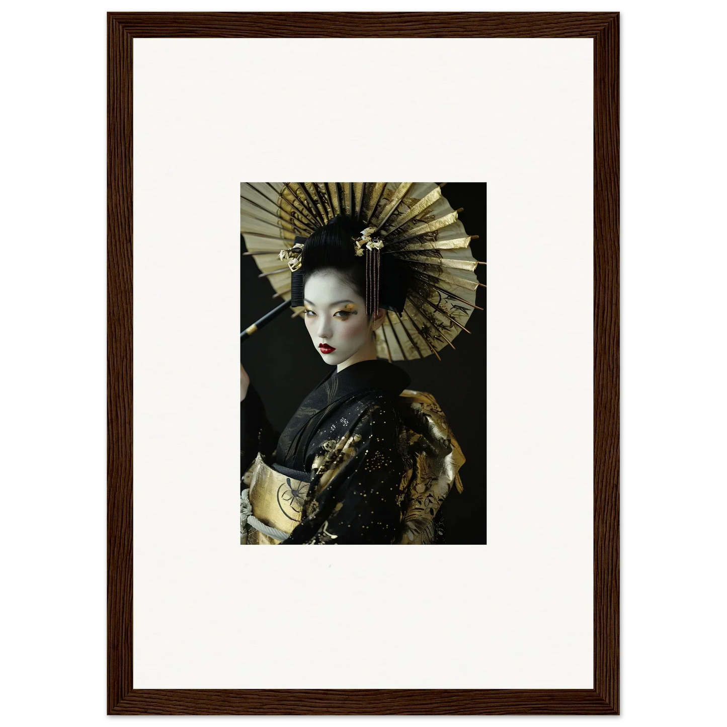 Portrait of a woman in traditional Japanese geisha attire with a fan for velvet chorale room decoration