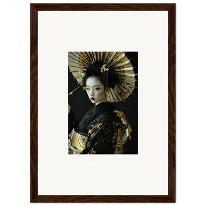 Portrait of a woman in traditional Japanese geisha attire with a fan for velvet chorale room decoration