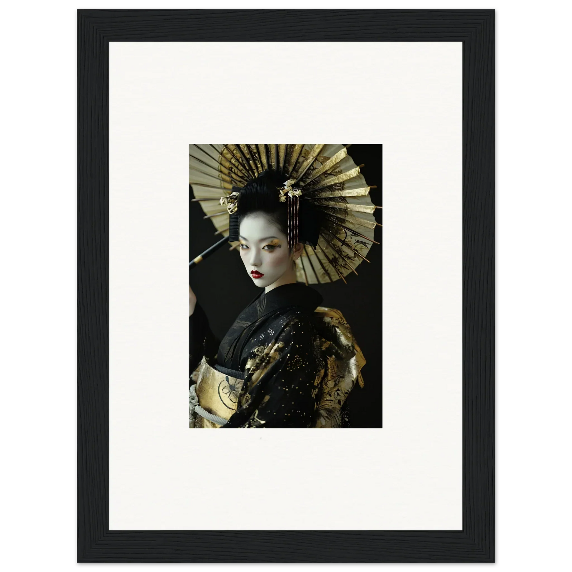 Framed canvas print of a woman in geisha attire, perfect for velvet chorale room decoration