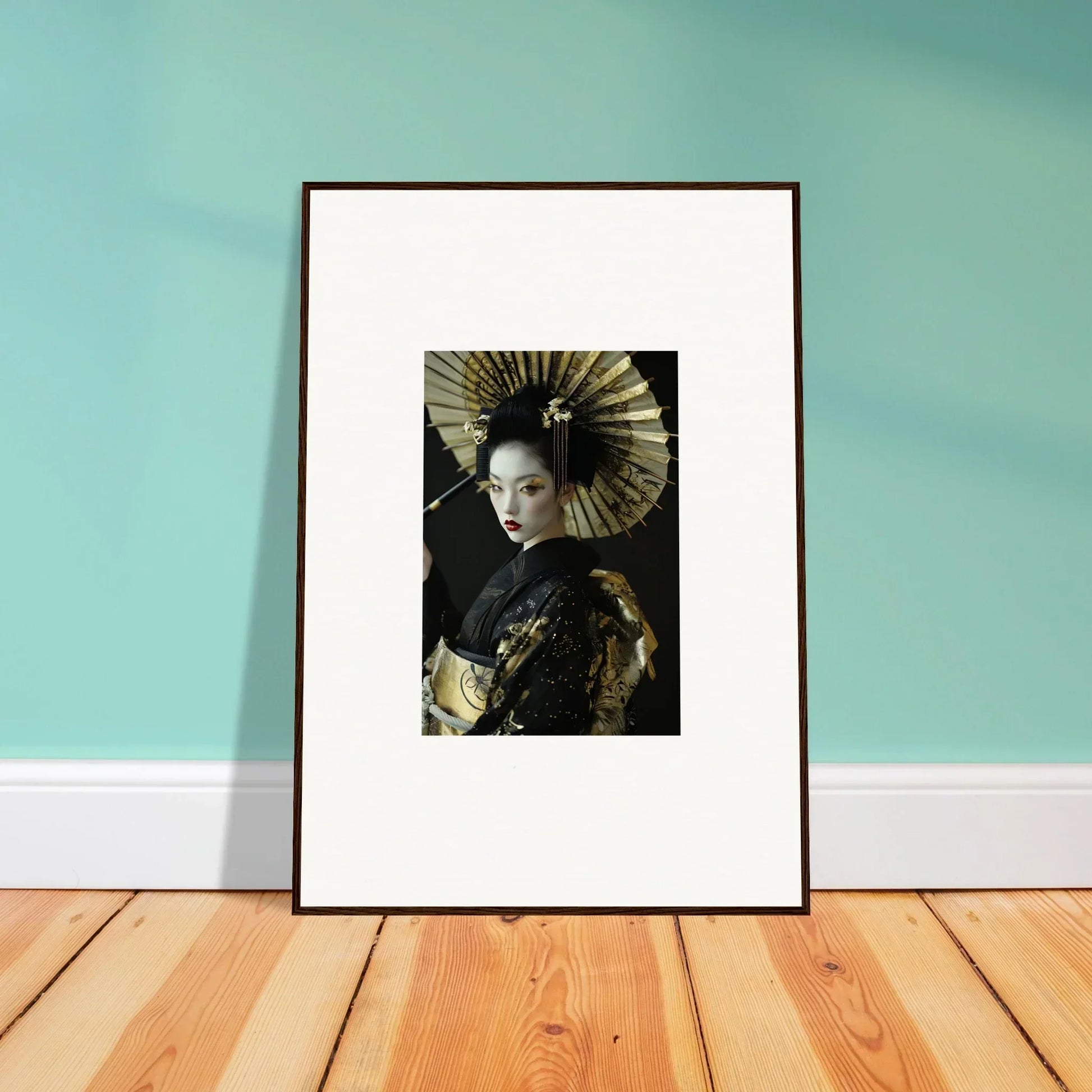 Framed canvas print of a geisha in traditional attire for stylish room decoration