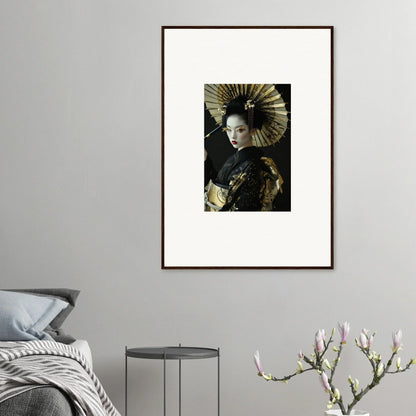 Framed portrait of a woman in geisha attire with parasol for stylish room decoration