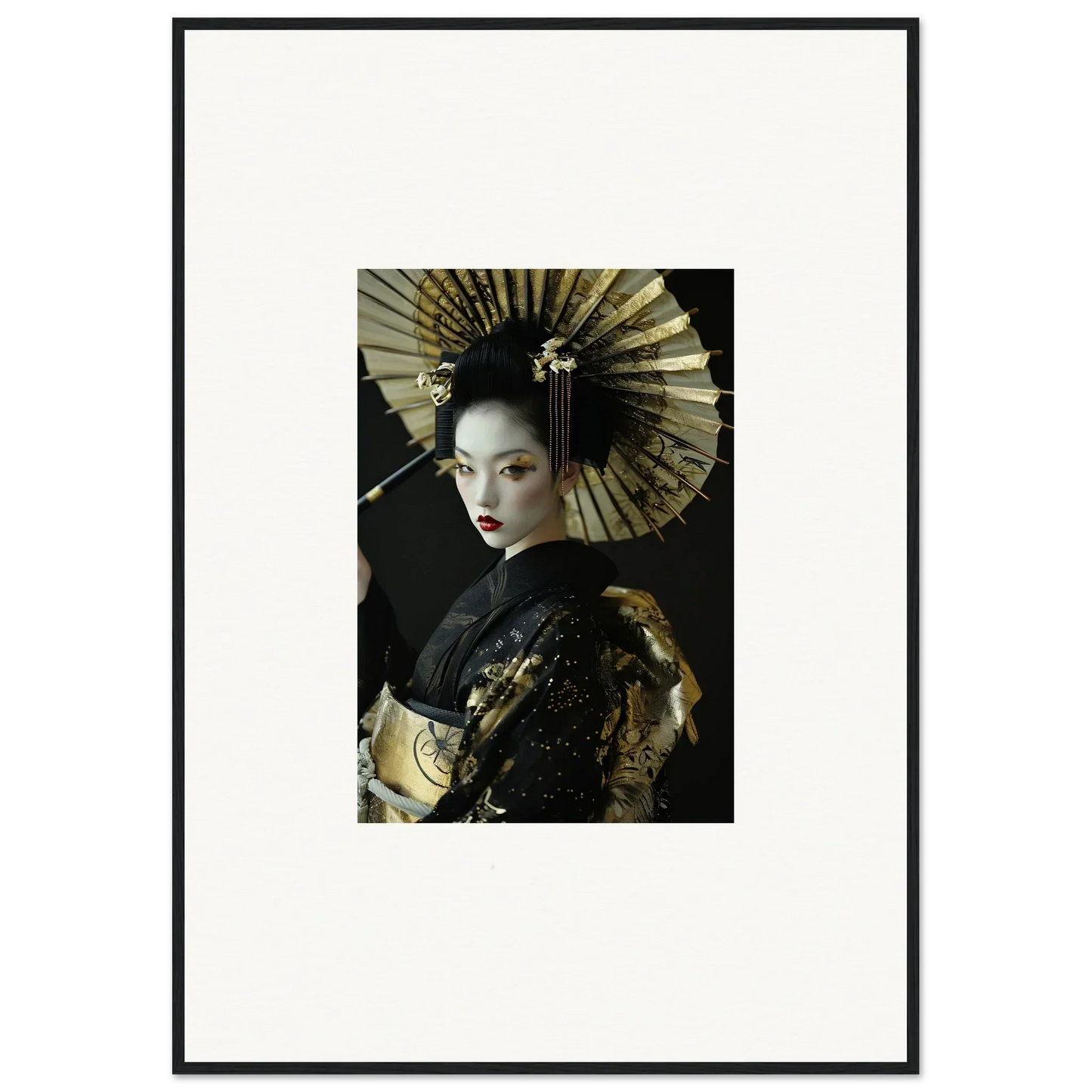 Portrait of a woman in geisha attire with a fan, perfect for Velvet Chorale room decoration