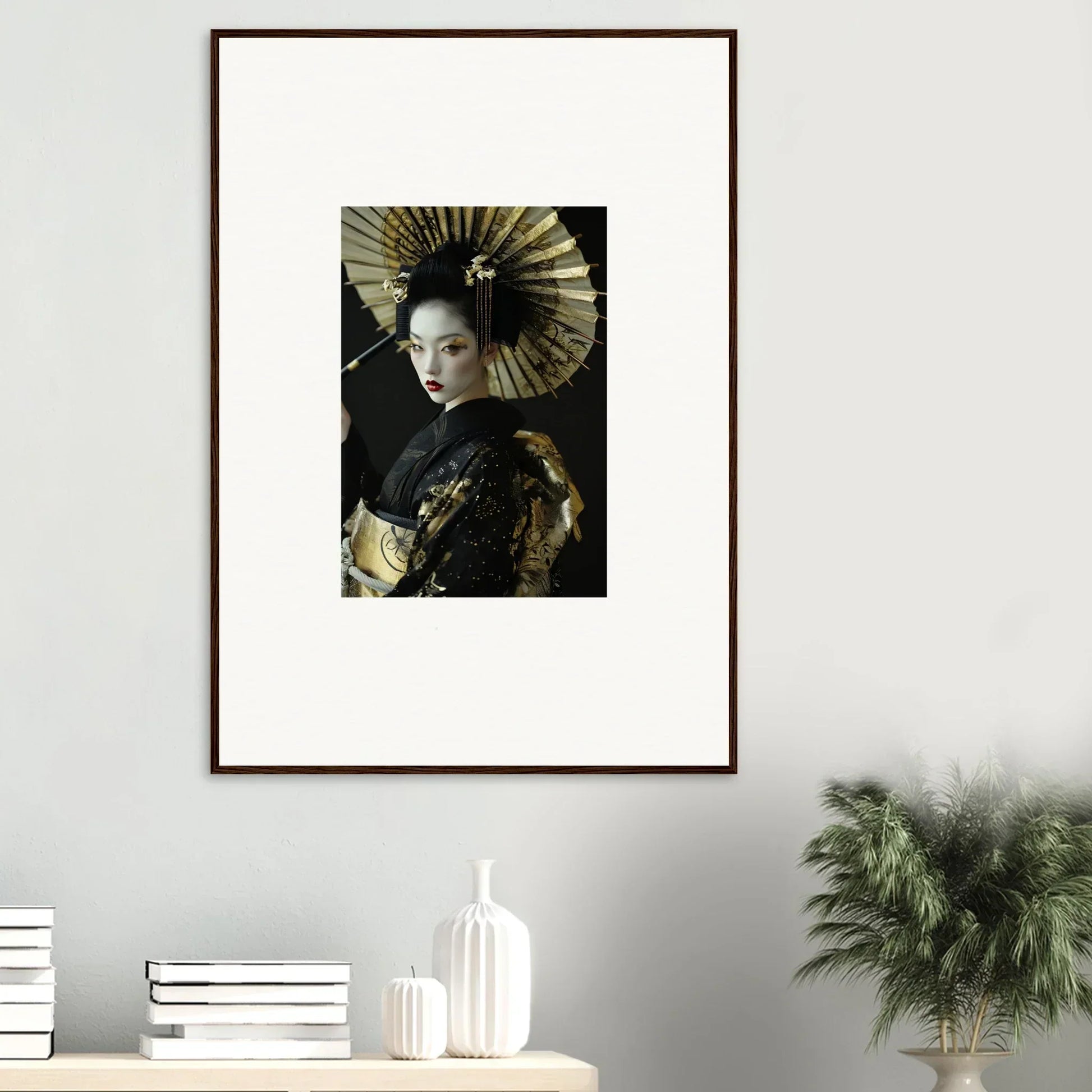 Framed canvas print of a woman in geisha attire with an umbrella, perfect for room decoration