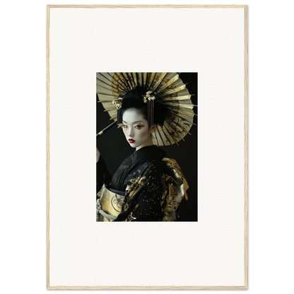 Portrait of a woman in geisha attire with a fan, perfect for Velvet Chorale room decoration