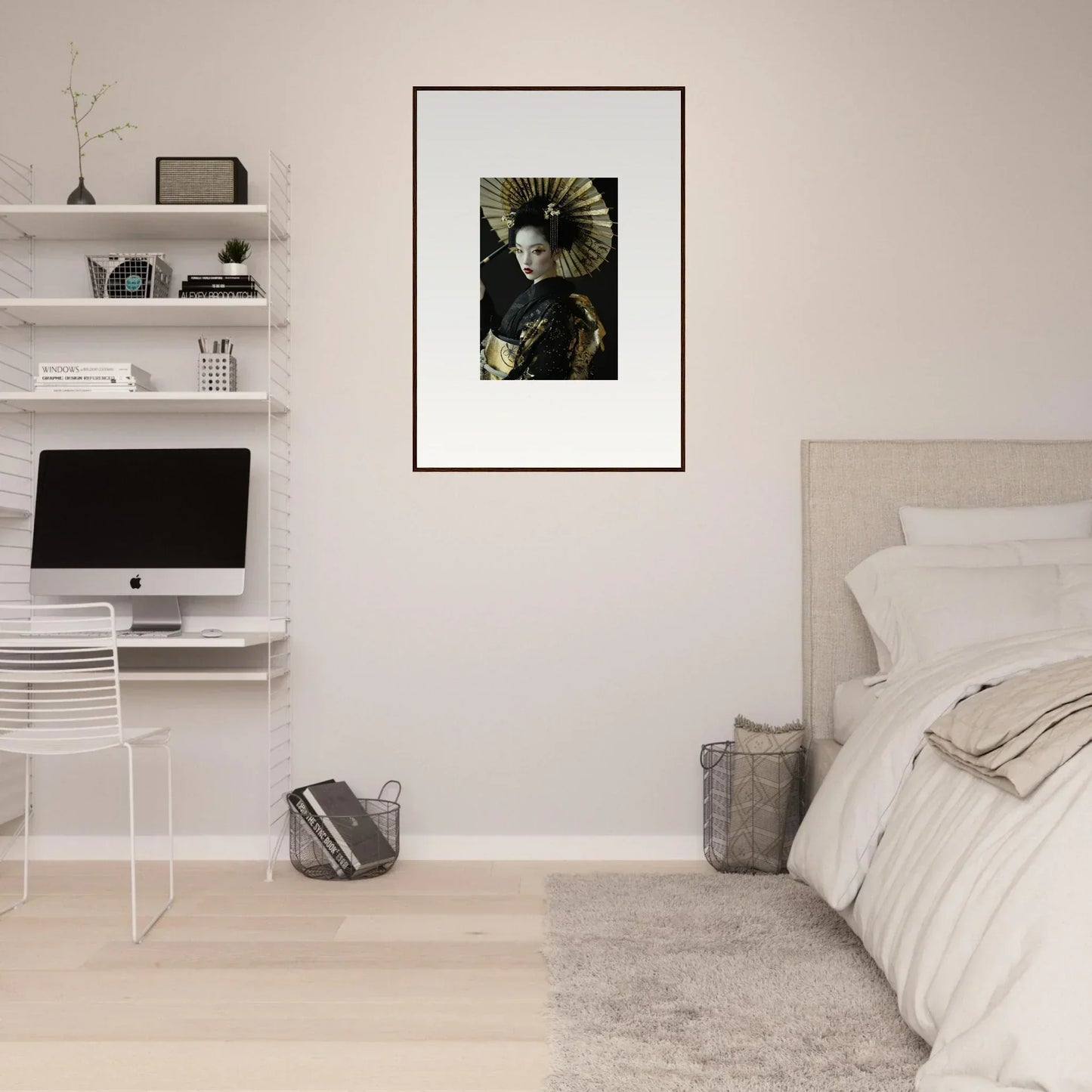 Minimalist bedroom with white walls featuring a Velvet Chorale canvas print