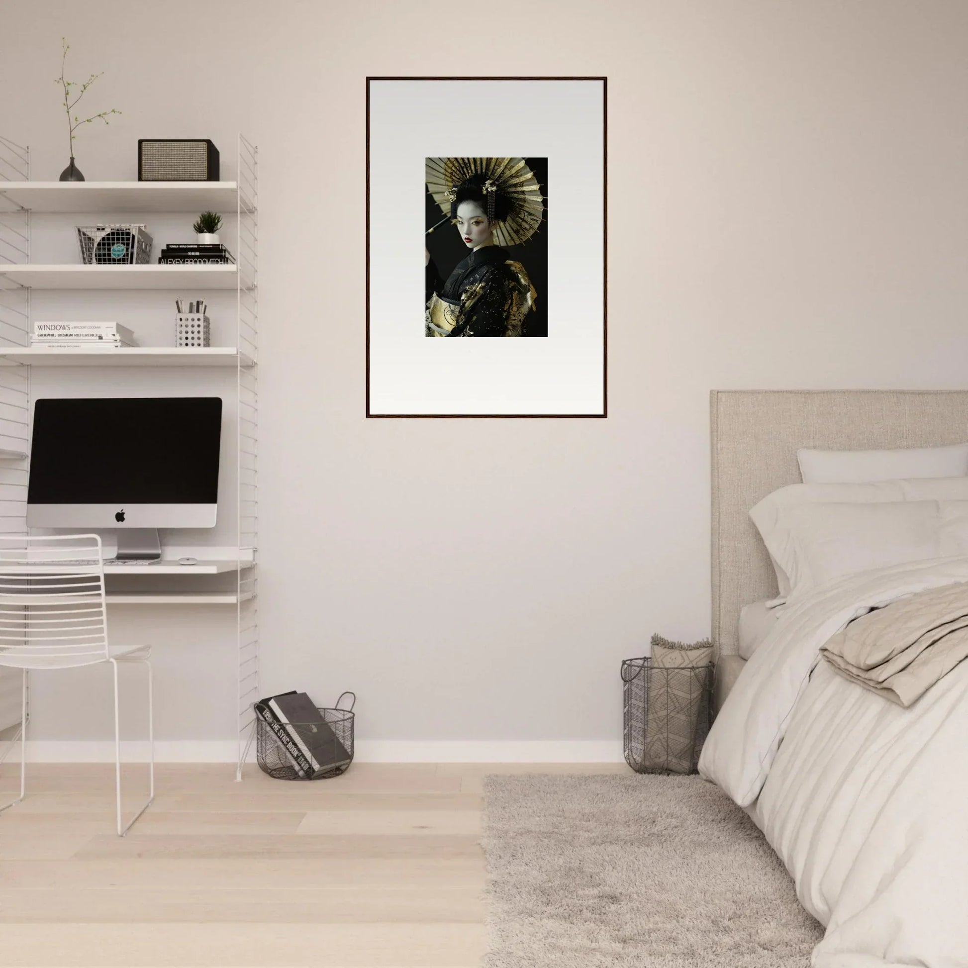 Minimalist bedroom with white walls featuring a Velvet Chorale canvas print