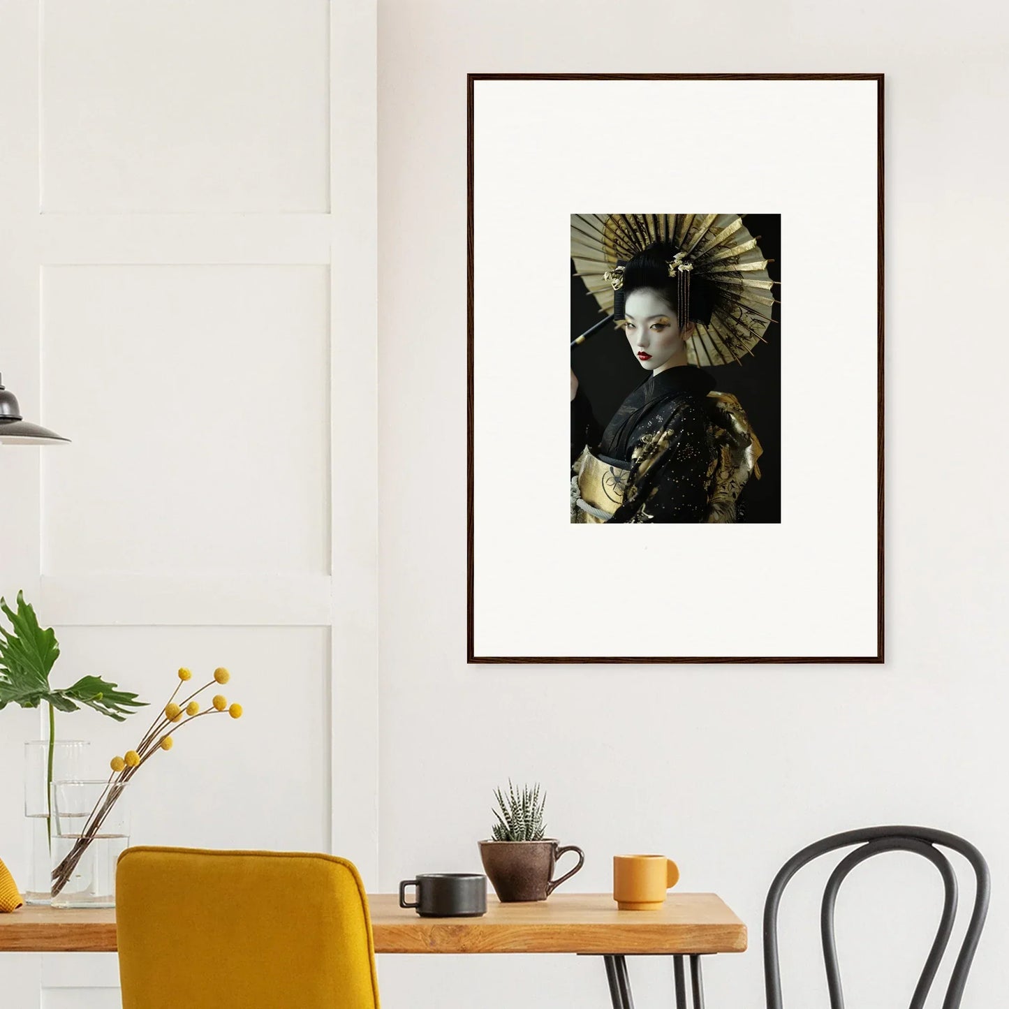 Framed canvas print of a woman in geisha attire with an umbrella for velvet chorale room decoration