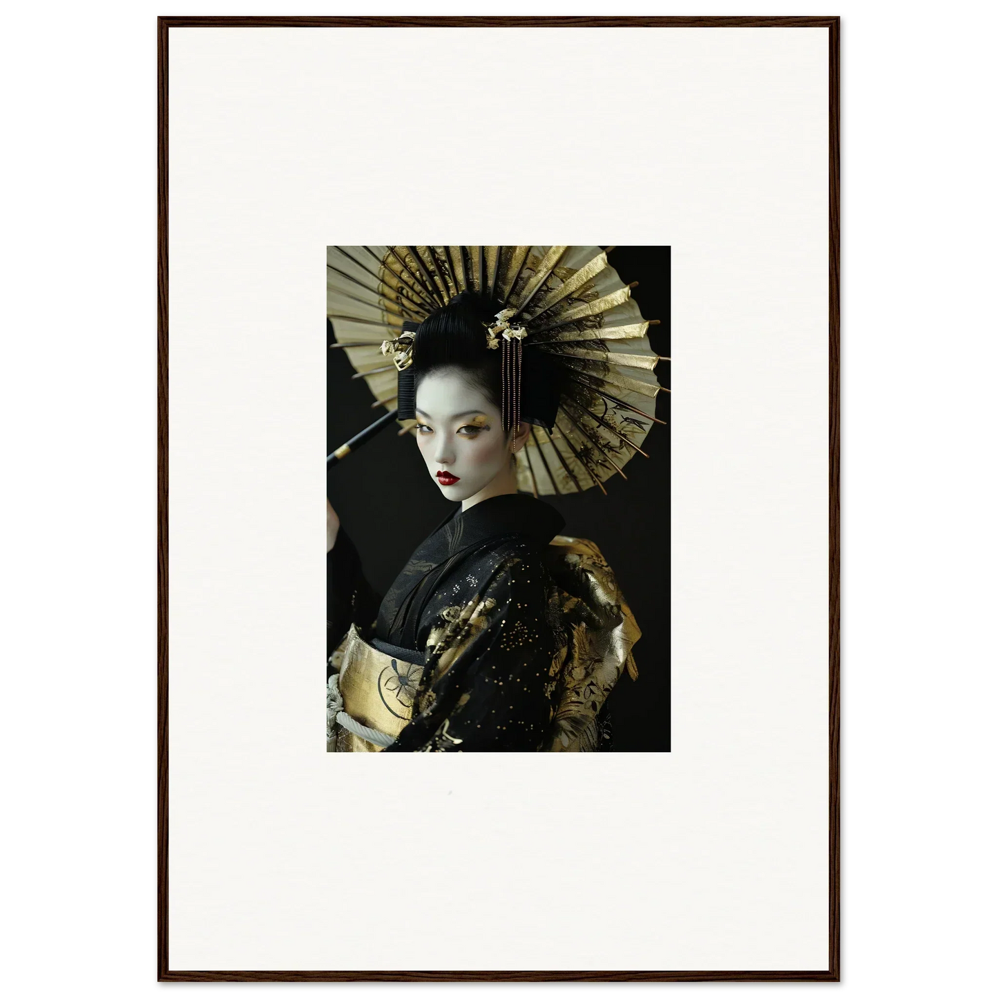 Portrait of a woman in traditional geisha attire with a fan for Velvet Chorale canvas print