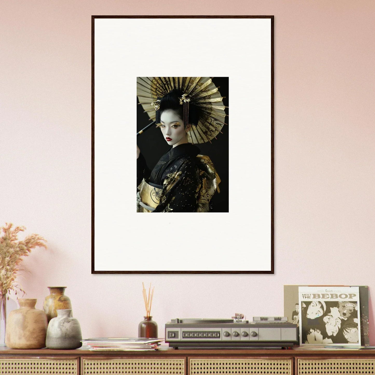 Framed canvas print of a woman in geisha attire for stylish room decoration