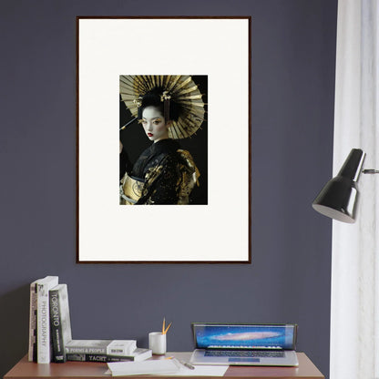 Framed canvas print of a woman in geisha attire, perfect for your Velvet Chorale room decoration