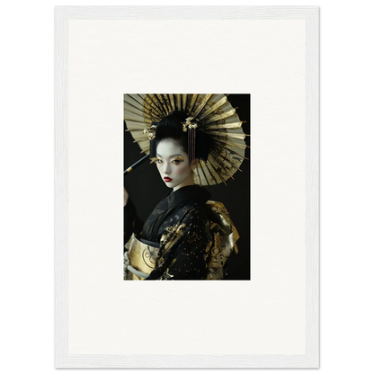 Portrait of a woman in geisha attire with a fan, perfect for velvet chorale canvas print