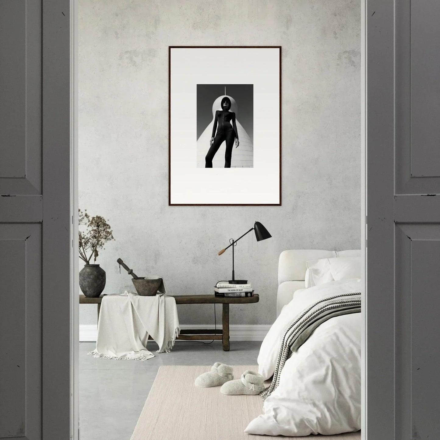 Framed black and white room decor featuring silhouetted figure in Celestial Apparition Elite