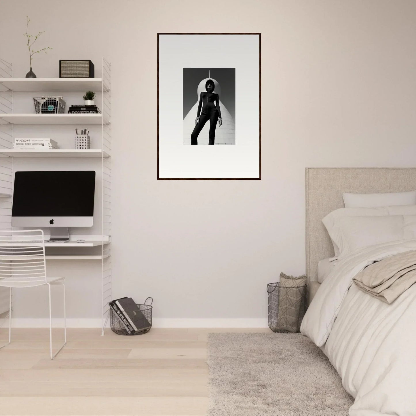 Minimalist bedroom with framed wall art as a focal point for elegant room decor