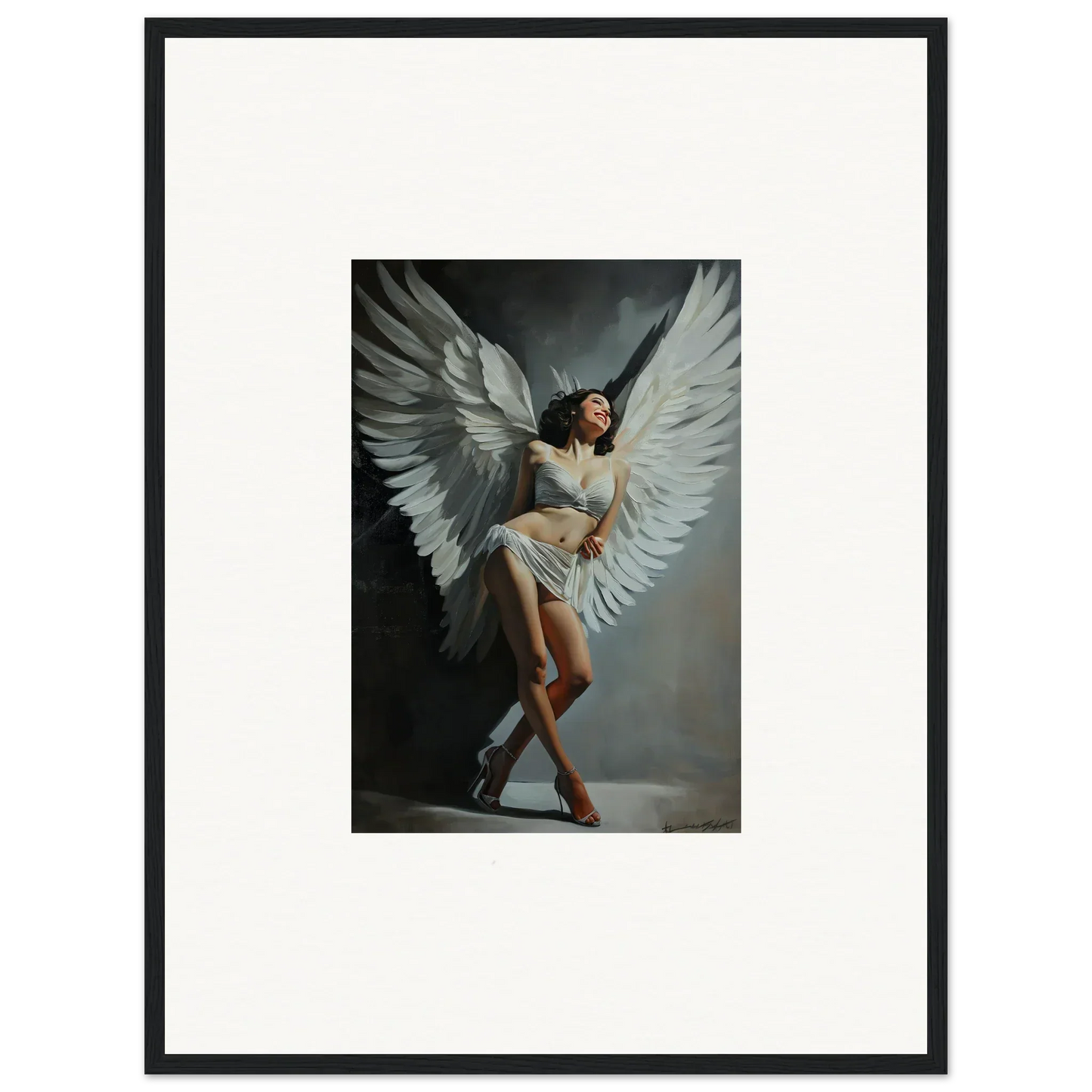 A woman in a short white dress with large wings, perfect for canvas print wall art