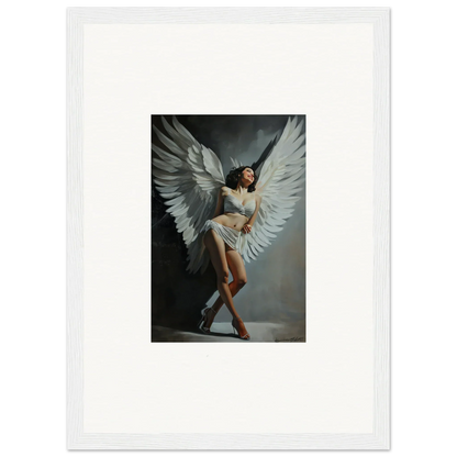 Framed canvas print of a graceful figure with white wings for stylish room decoration