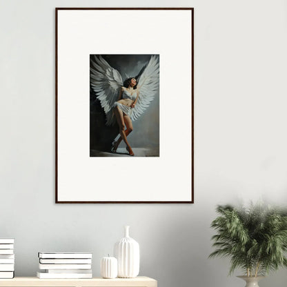 Framed wall art of a figure with white wings, perfect for room decoration