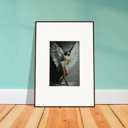 Framed wall art of a dramatic figure with large white wings for stylish room decoration