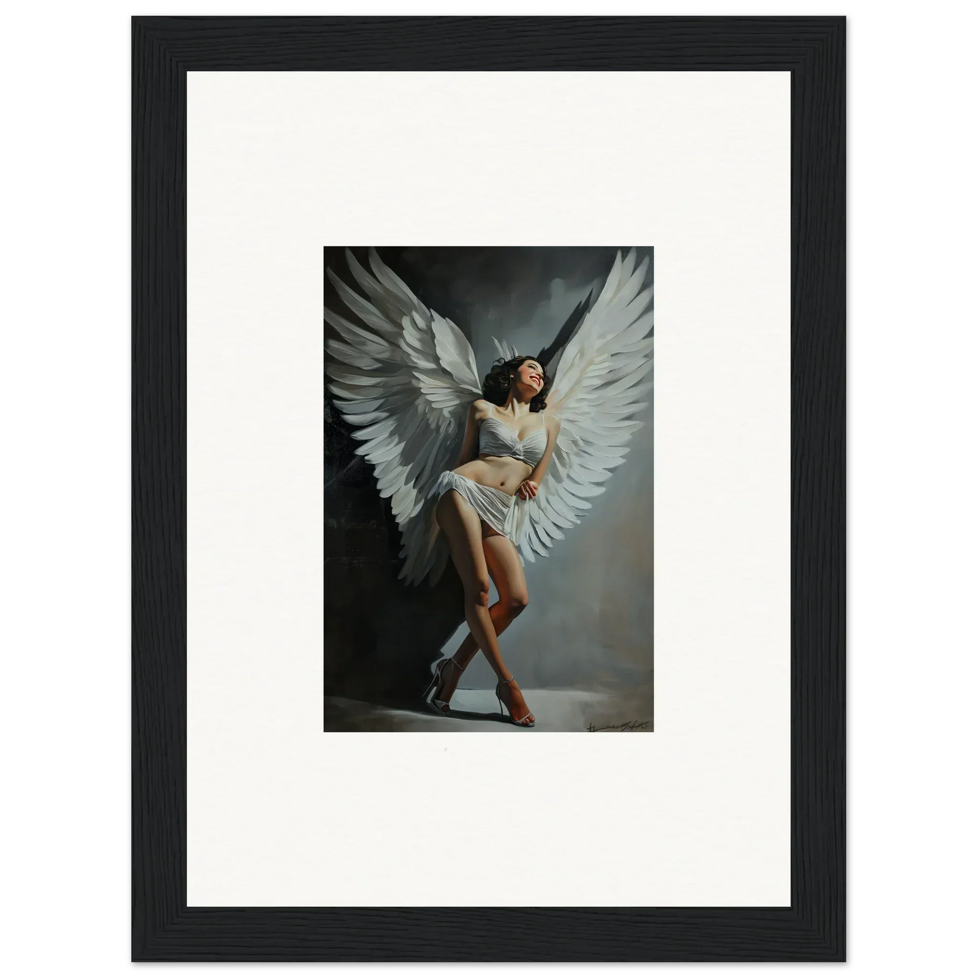 Framed wall art of a woman with white wings for stunning room decoration