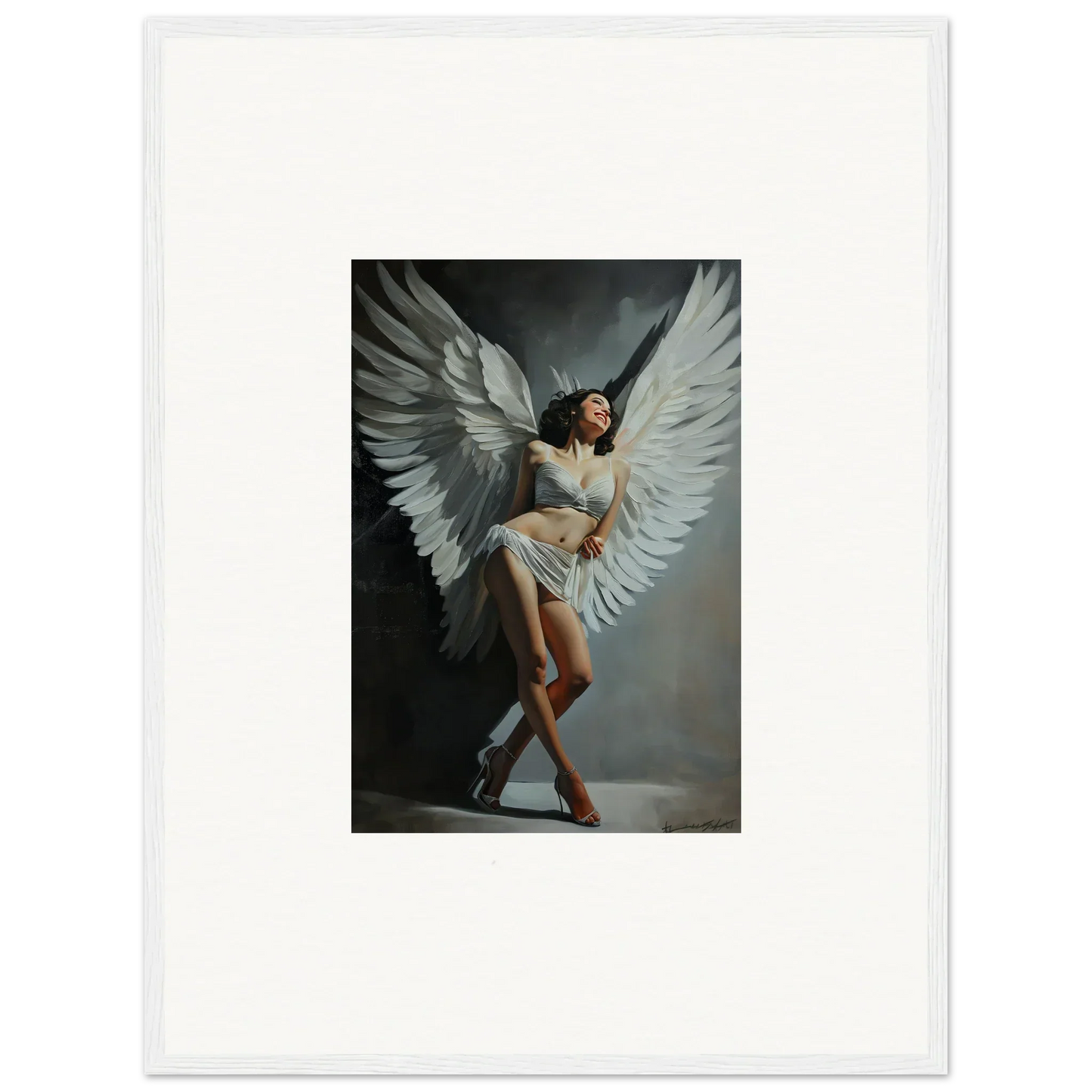 Dramatic woman with large white wings perfect for unique canvas print wall art