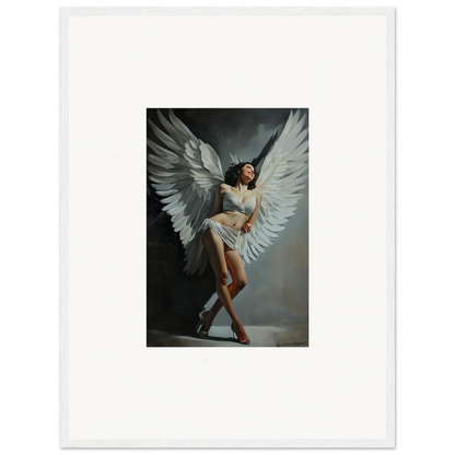 Dramatic woman with large white wings perfect for unique canvas print wall art