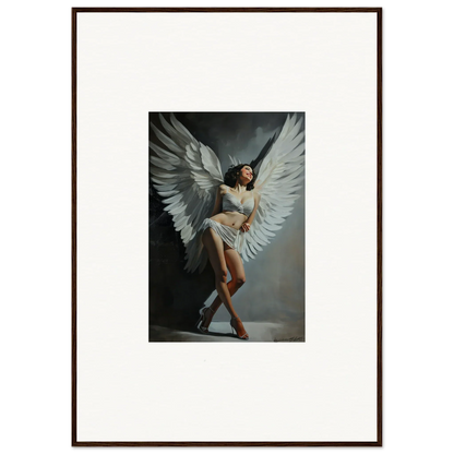 Framed wall art of a figure with large white wings, perfect for room decoration