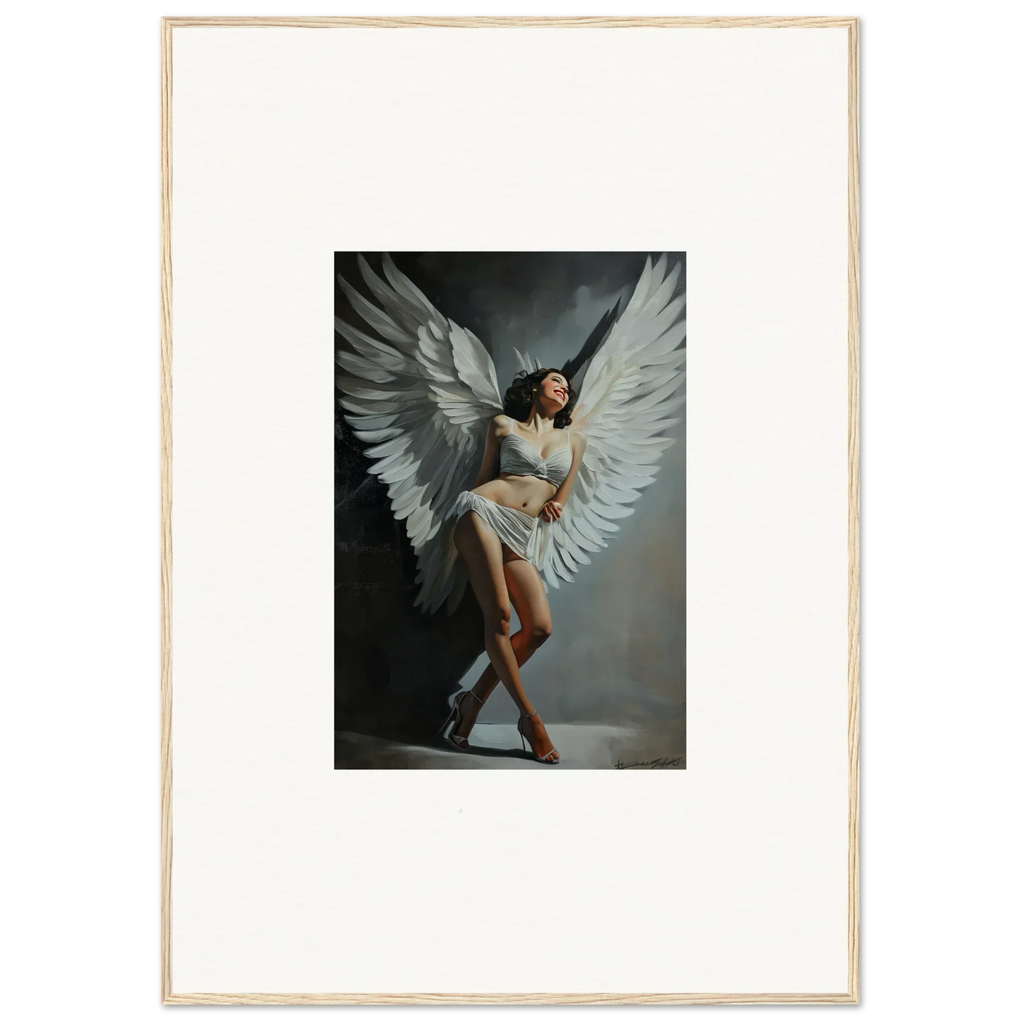 Angelic figure with large white wings, perfect for room decoration as canvas print wall art